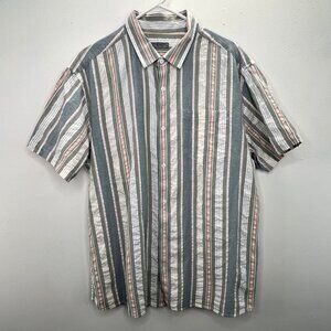 Tu Man Button Up Shirt XL Olive Green Gray Peach Stripe Cotton Beachy Coastal